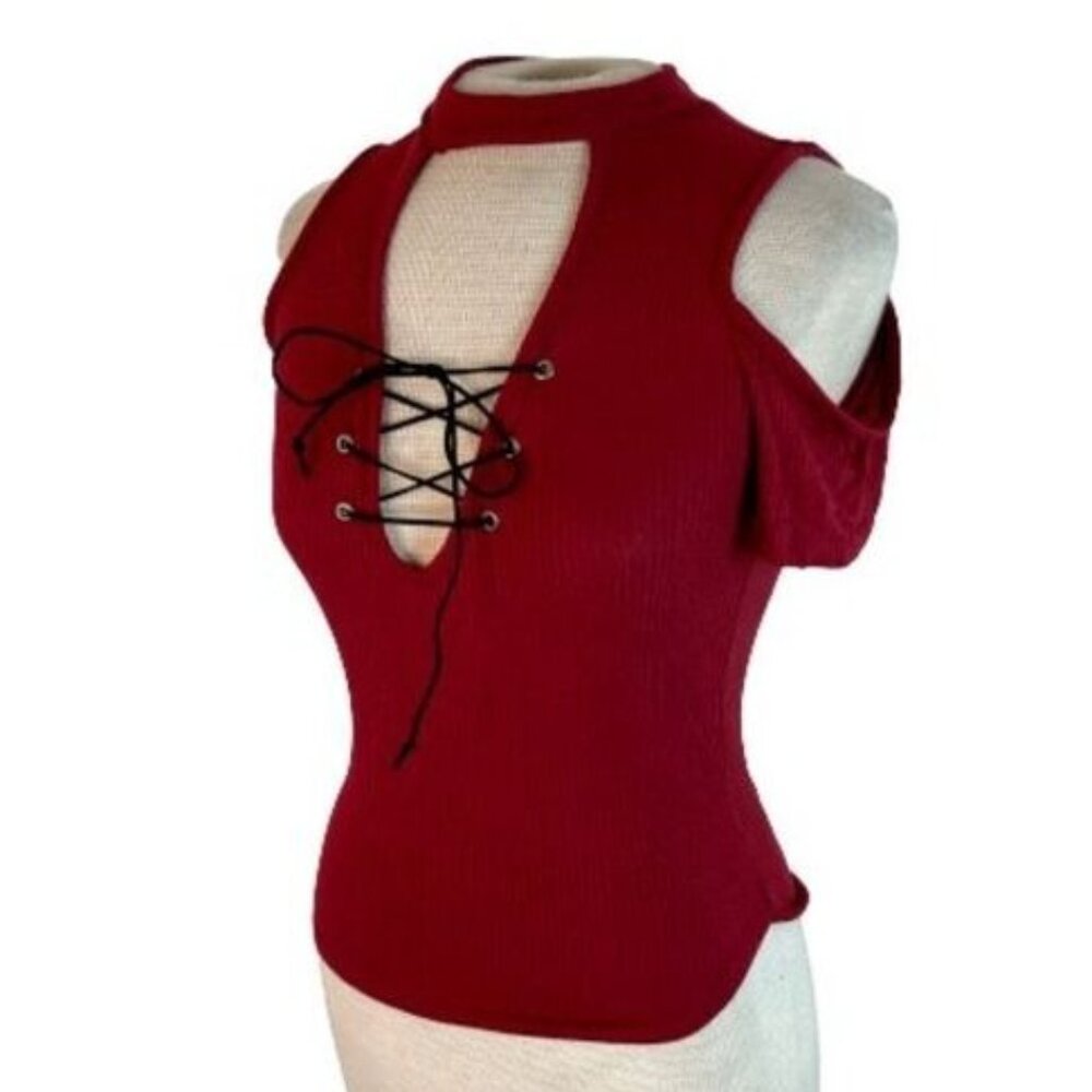 Gaze USA Cold Shoulder Ribbed Stretch Lace Up Top Red XS
